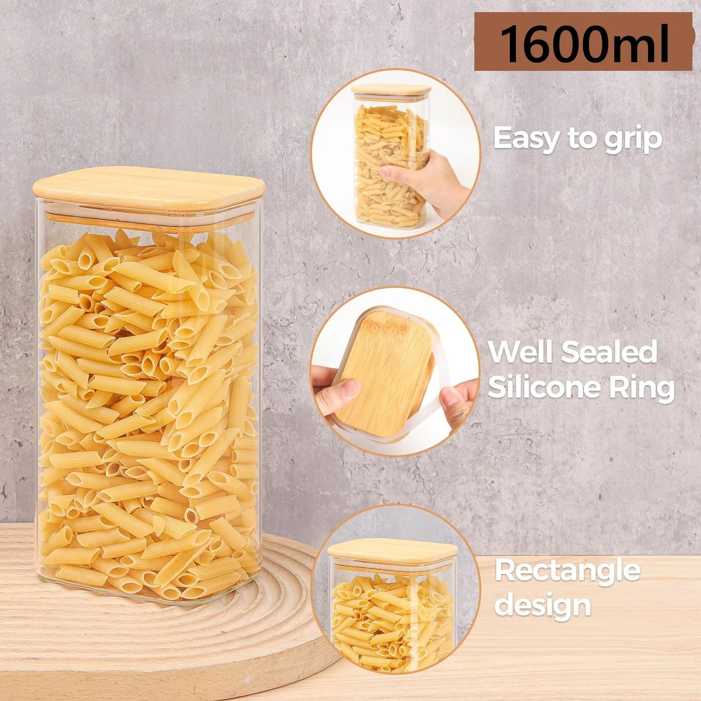 Rectangular Clear Food Storage Jar with Bamboo Airtight Lid