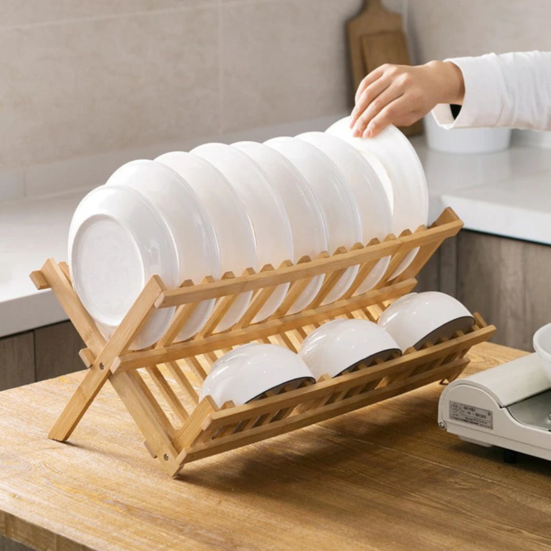 Bamboo Dish Drying Rack — 8 Grid, Foldable Drainage Board