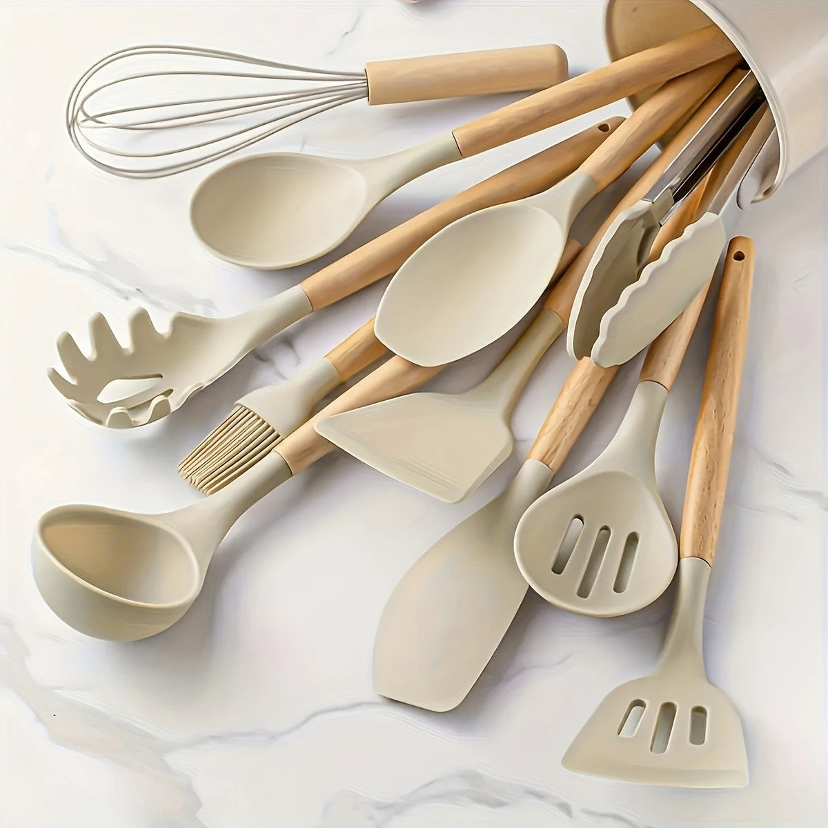 12-Piece Silicone Kitchen Utensil Set with Wooden Handles
