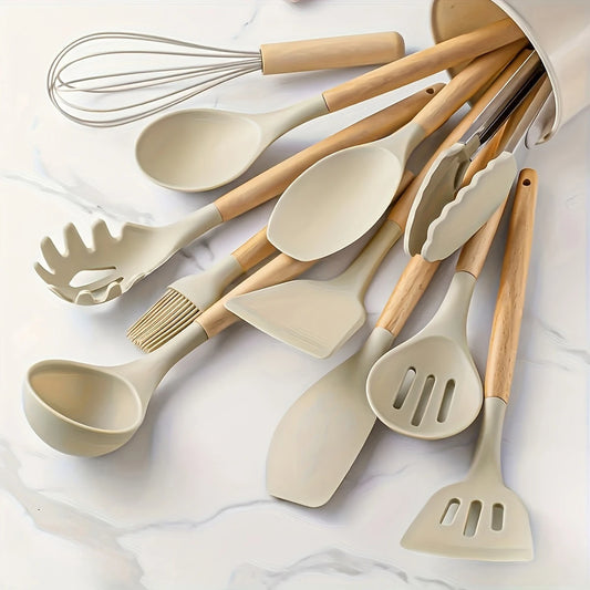 12-Piece Silicone Kitchen Utensil Set with Wooden Handles