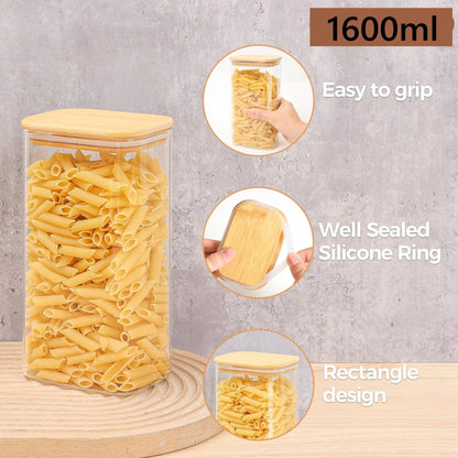 Rectangular Clear Food Storage Jar with Bamboo Airtight Lid
