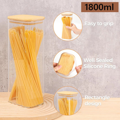 Rectangular Clear Food Storage Jar with Bamboo Airtight Lid