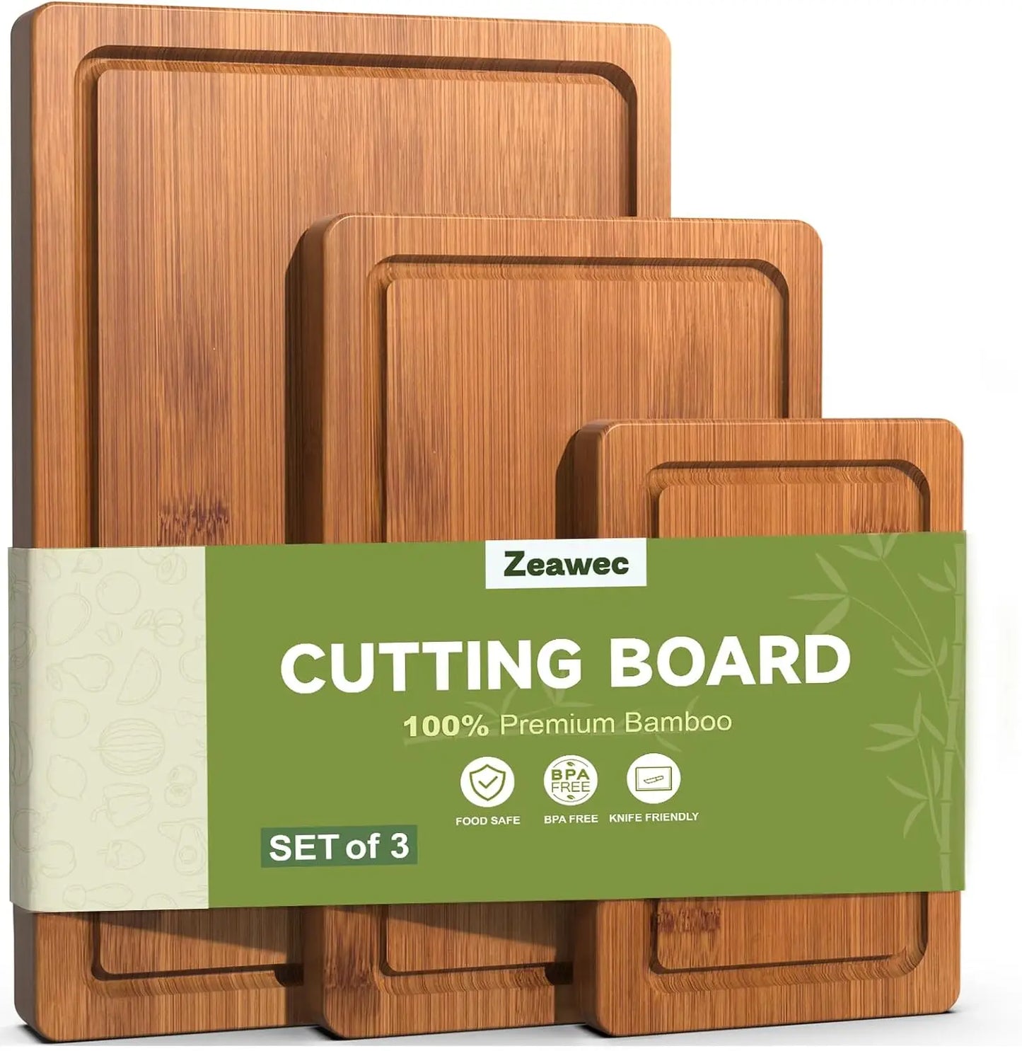Set of three bamboo cutting boards with Zeawec packaging on a white background