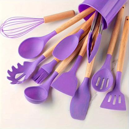 12-Piece Silicone Kitchen Utensil Set with Wooden Handles