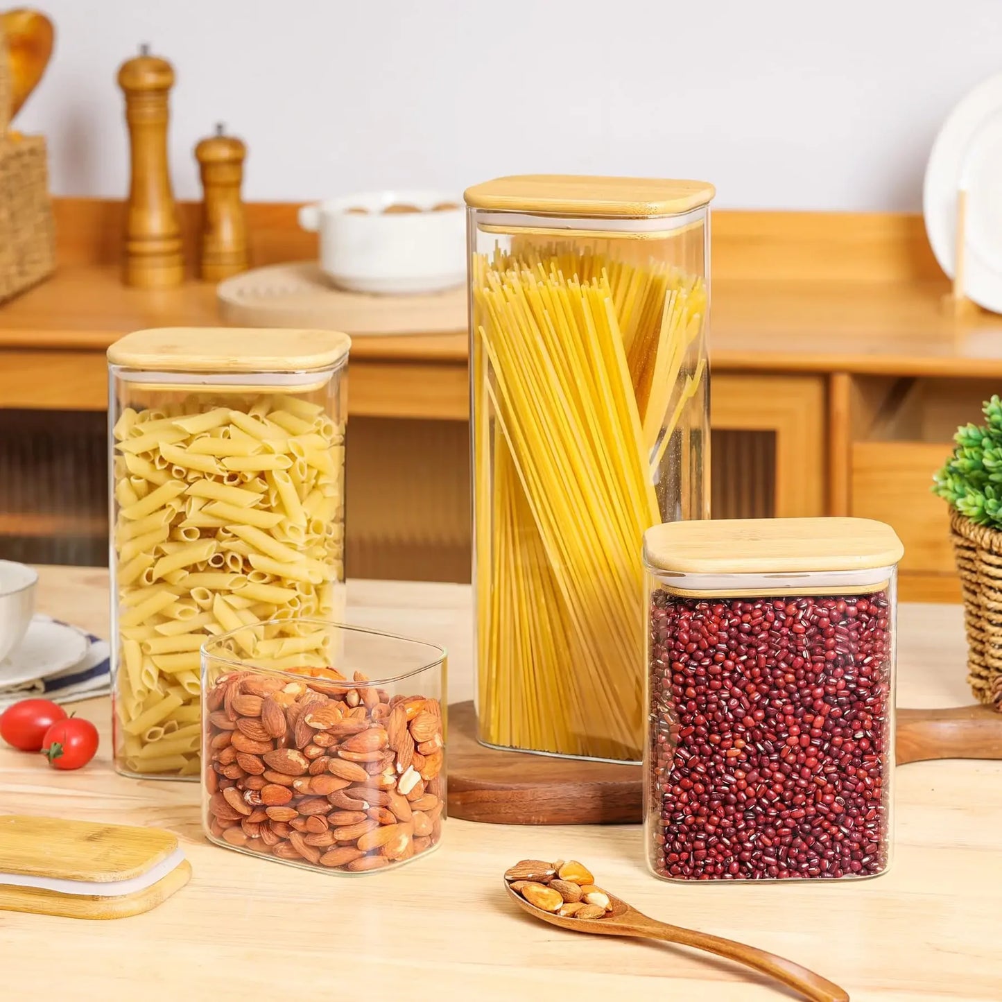 Rectangular Clear Food Storage Jar with Bamboo Airtight Lid