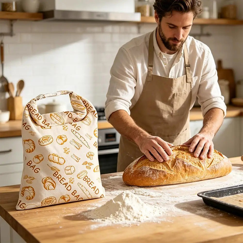 Reusable Beeswax Linen Bread Bag, Large Drawstring