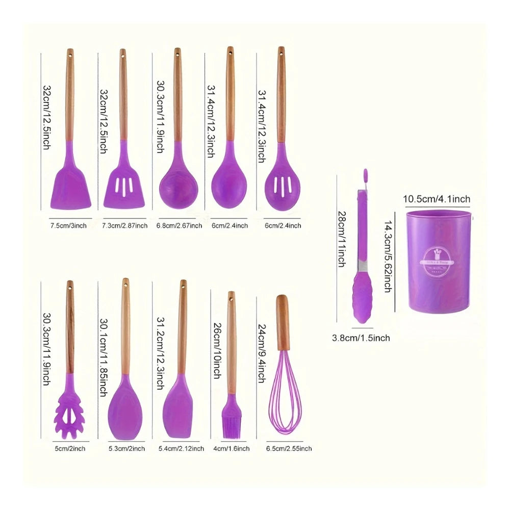 12-Piece Silicone Kitchen Utensil Set with Wooden Handles