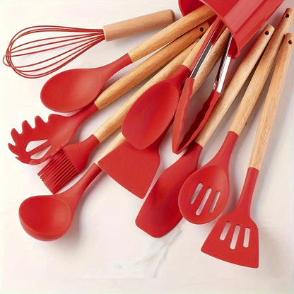 12-Piece Silicone Kitchen Utensil Set with Wooden Handles