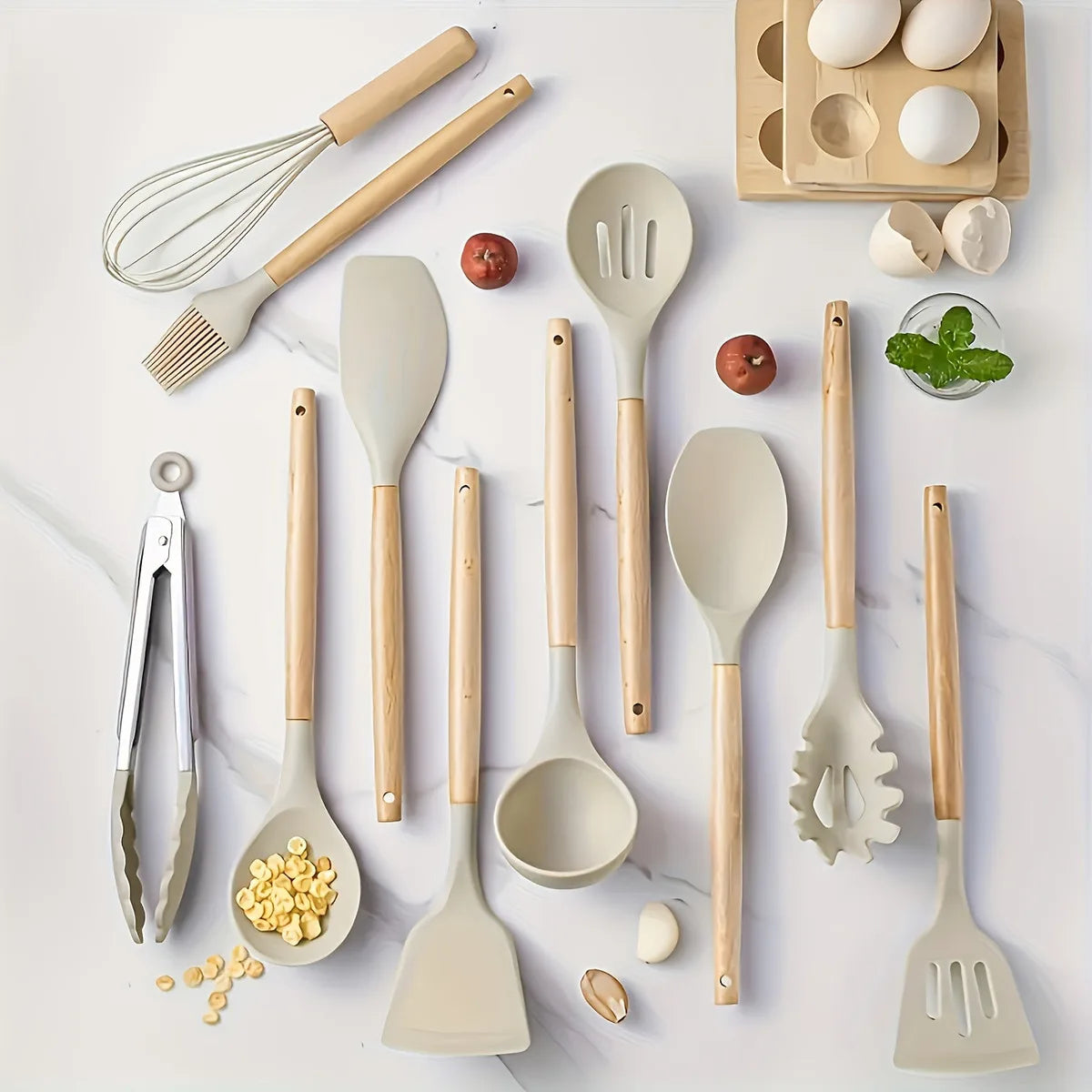 12-Piece Silicone Kitchen Utensil Set with Wooden Handles