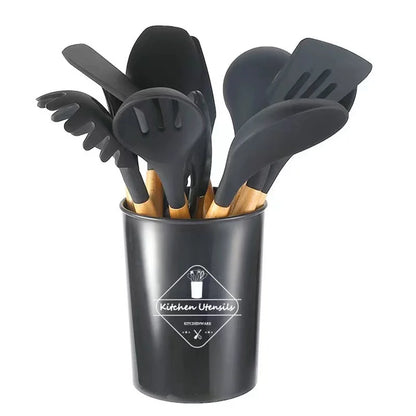 12-Piece Silicone Kitchen Utensil Set with Wooden Handles